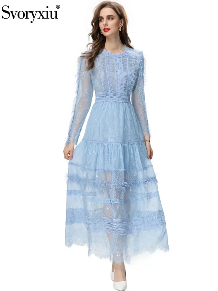 

Женское ТРАПЕЦИЕВИДНОЕ ПЛАТЬЕ Svoryxiu, голубое элегантное кружевное платье с высокой талией, круглым вырезом, длинными рукавами и бахромой на осень 2019