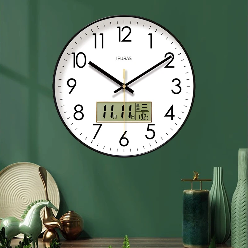 Wall Clock New Modern Design Wall Clock Temperature Digital Calendar Analog Silent Round Non-Ticking