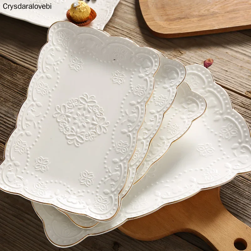 China Ceramic Square Plate Breakfast Dessert Dish Butterfly Plate Dish Afternoon Tea Fruit Tray Wedding European Embossed Home