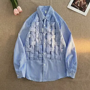 2023 nuova moda primaverile e autunnale edizione coreana Hip Hop Trend Advanced Sense camicia da uomo a maniche lunghe intrecciata a righe larghe Casual 1