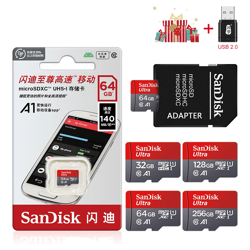 SanDisk A1 마이크로 SD 카드, 128GB 메모리 카드, 클래스 10 플래시 드라이브 카드, 휴대폰 및 카드 리더기, 64GB, 256GB, 32GB