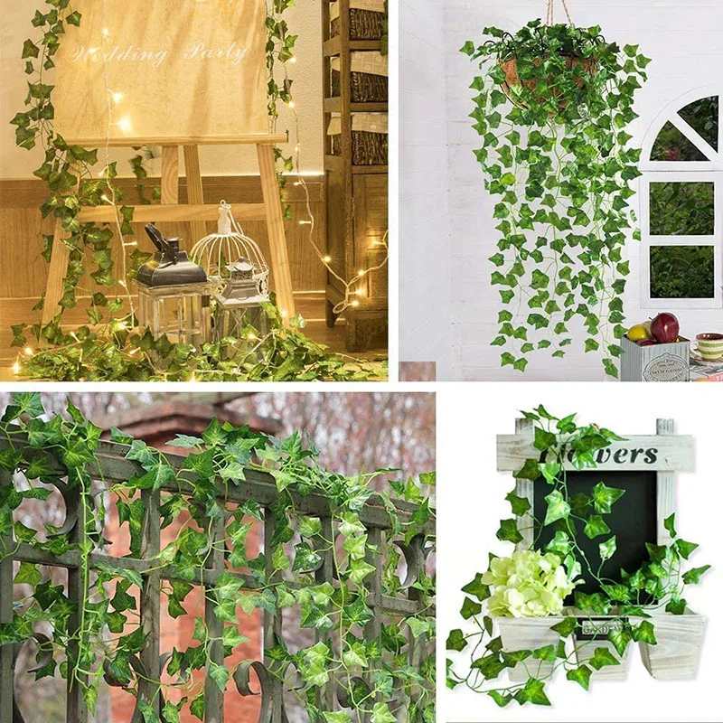 1Pc 230cm Green Vine Silk Artificial Ivy Hanging Leaf Garland Plants Plastic Rattan String ​Home Wall Garden Decoration Wedding