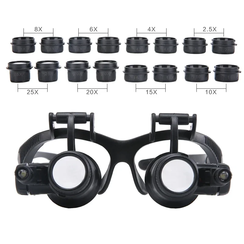 2.5X 4X 6X 8X 10X 15X 20X 25X Multi-Power Double LED Lights Magnifier Eye Glasses Watch Repair Loupe Jeweler Magnifying Glass 4