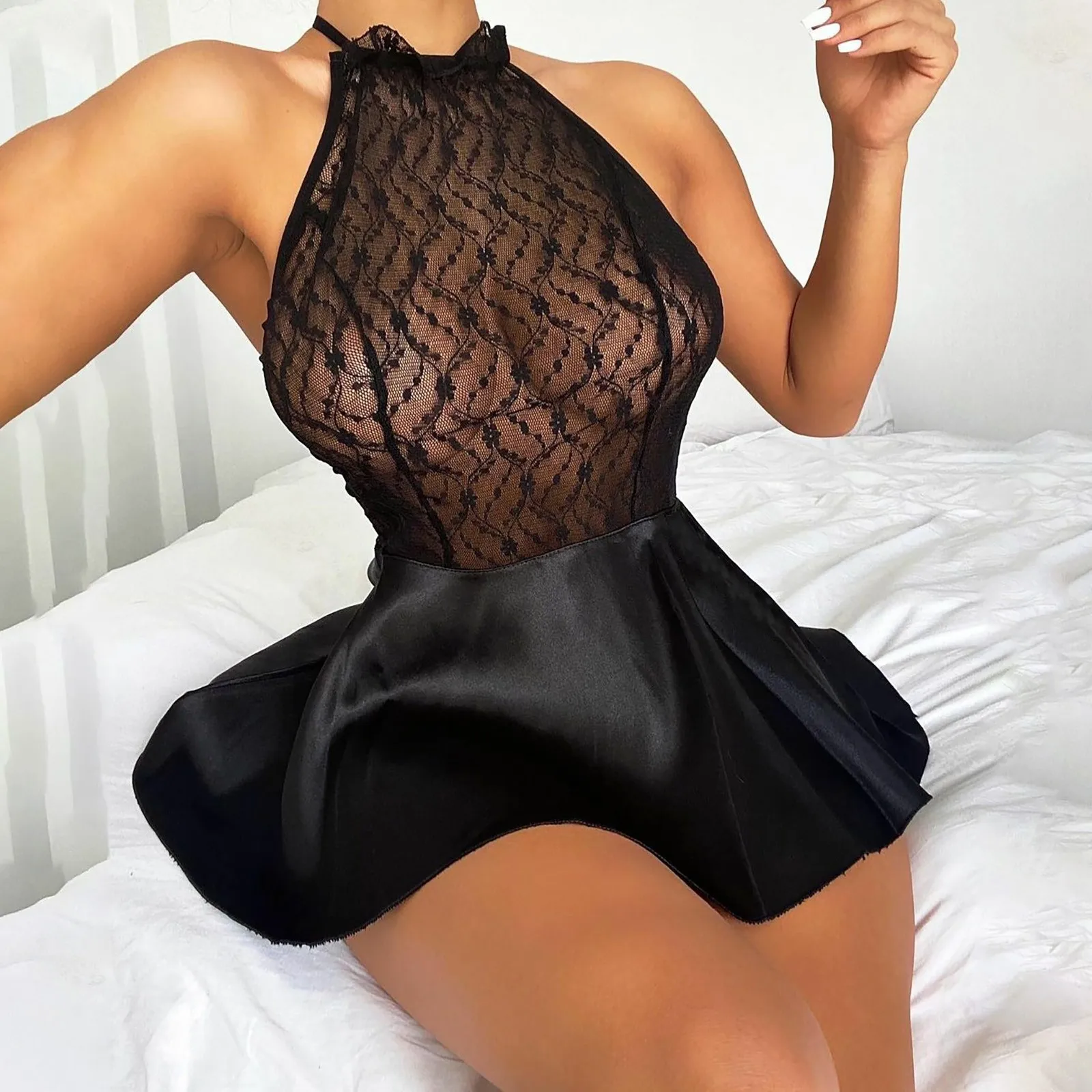 

Adult Night Sexy Sling Crotchless One Piece Underwear Lace U Neck Open Bra Perspective Pajama Set Exotic Babydolls&Chemicals New