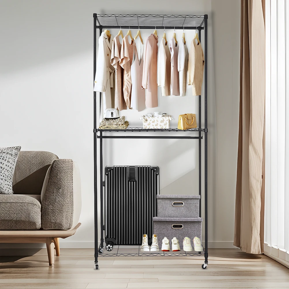 Rolling Clothing Rack with Wheels Multifunctional Heavy Duty Garment Rack with Cover for Coats Shirts Dress