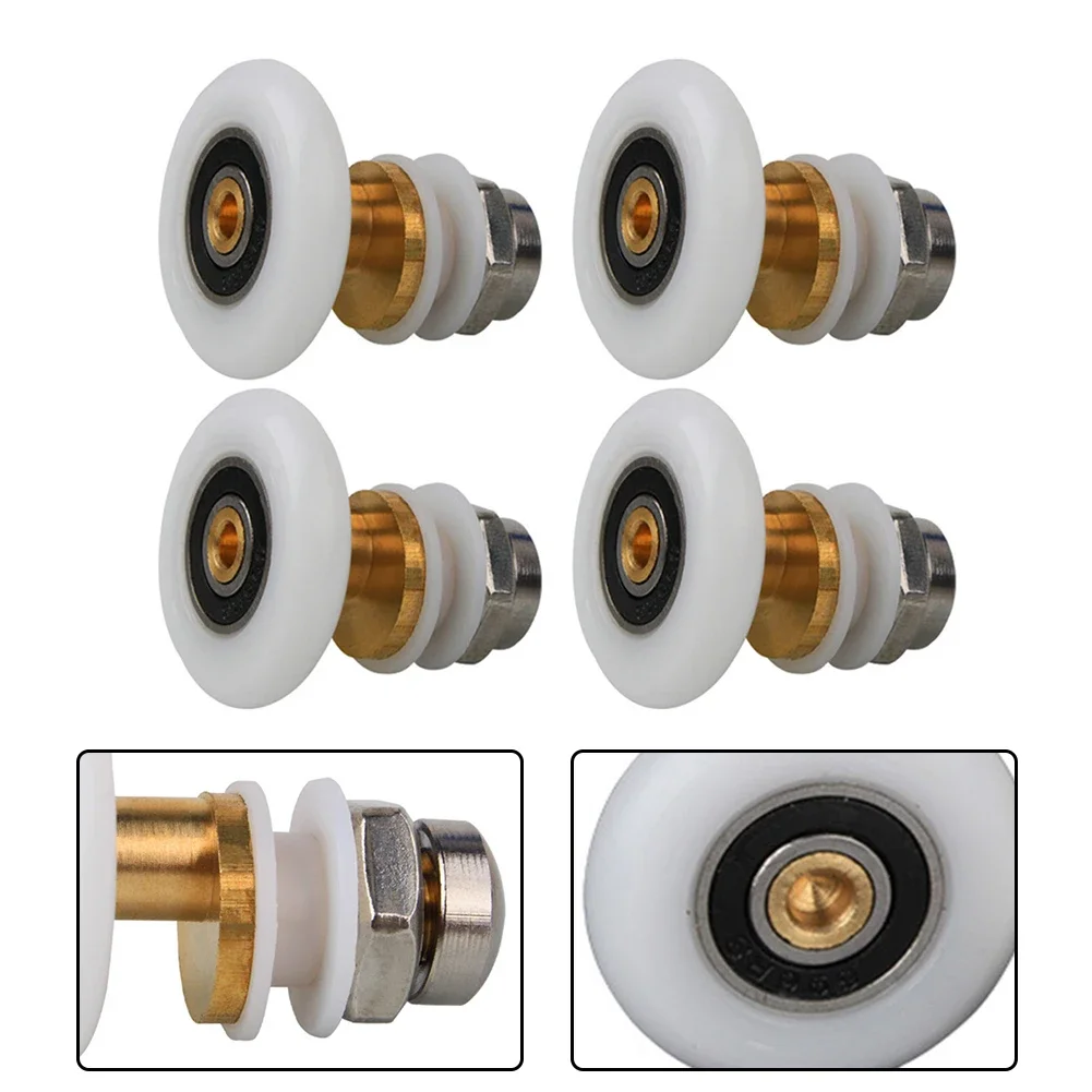 4pcs Shower Room Pulley Bathroom Sliding Glass Door Wheels Nylon Hanging Round Copper Roller Shower Parts Replacement Accessorie