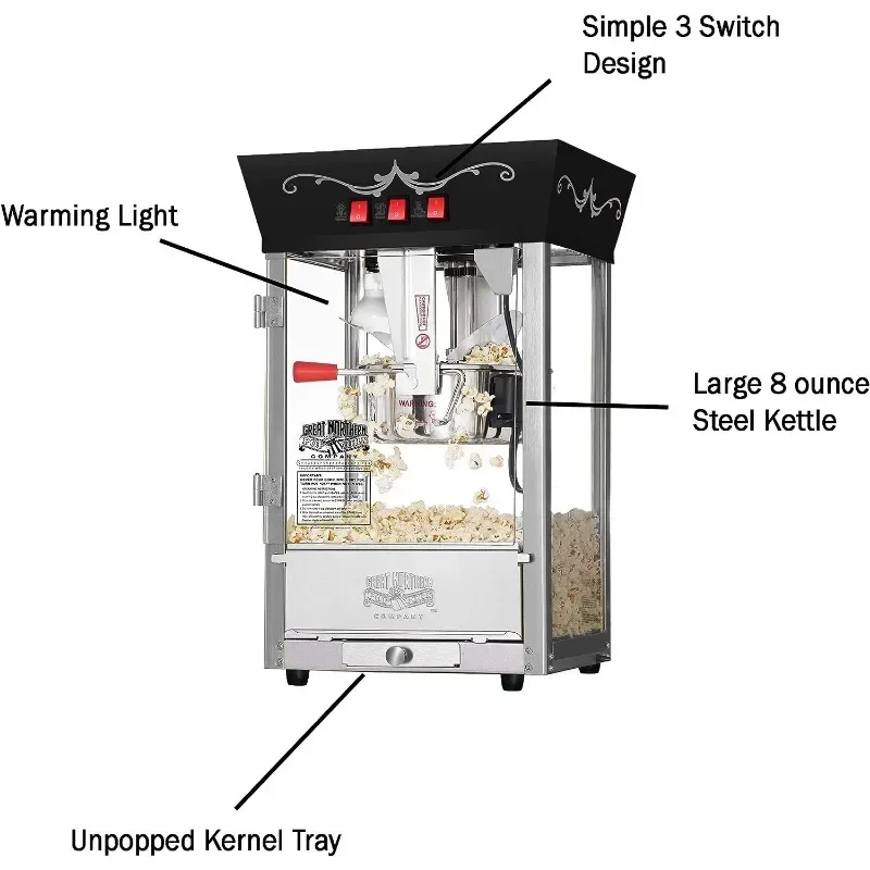 Matinee Popcorn Machine - 8oz Popper with Stainless-Steel Kettle, Reject Kernel Tray, Warming Light, and Accessories by Great 3