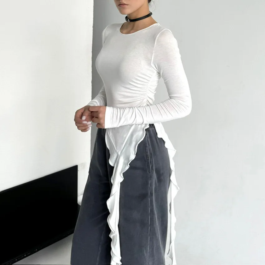 White Knit Slim T-shirt Pullover Female Ruffled Patchwork See-Through Long Sleeve Y2k Sexy Inner Top Women's Knitwear Tee