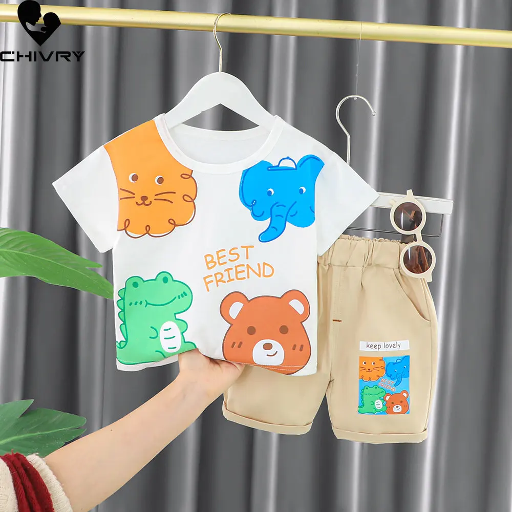 

New 2023 Baby Boy Summer Short Sleeve Round Neck Cute Cartoon Animal T-shirt Tops with Shorts Toddler Boys Fashion Clothing Sets