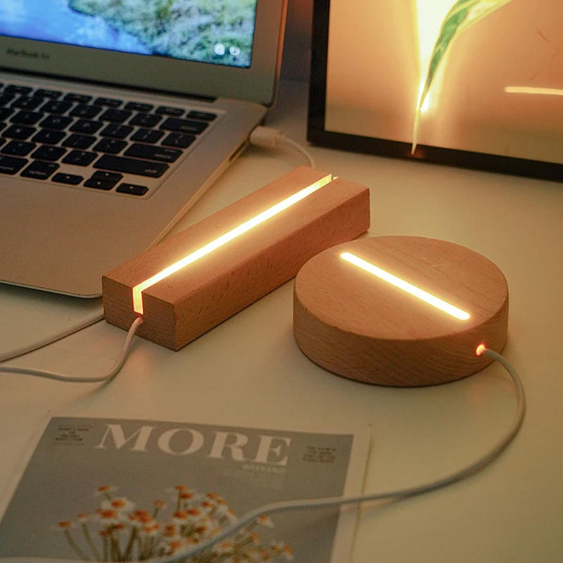 Rectangular Wooden Led Lights Display Base Stand 3D Plexiglass Lamp Holder With USB Cable