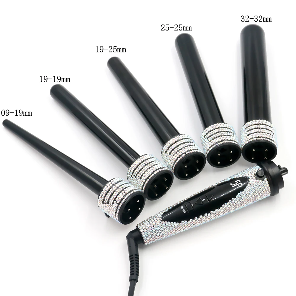 5 In 1 Curling Iron Wand Set 0.5 to 1.25 Inch Interchangeable Tourmaline Ceramic Barrels Temperature adjustment