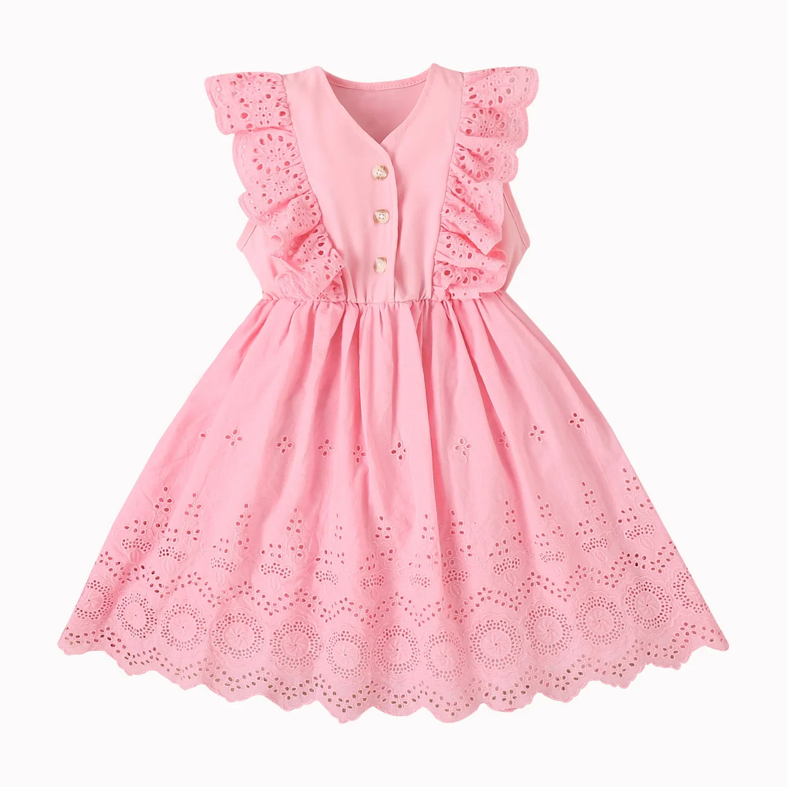 

4-7T Baby Girl Pink Princess Dress Cut-Out Jacquard Lace Ruffled Dress Little Summer Clothes Kids Korean Birthday Sweet Outfits