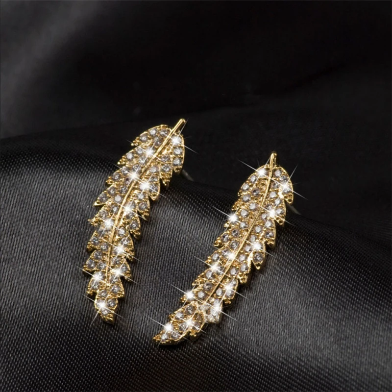 1 Pair Feather Ear Climbers Cuff Earrings Light Luxury Crystal Diamonden Wedding Earrings For Women Jewelry