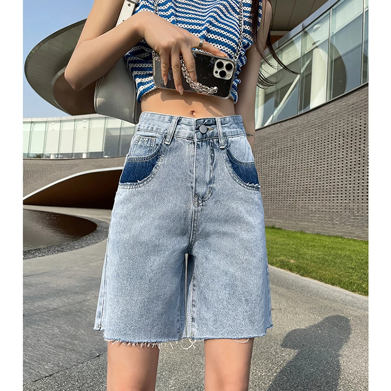 Real time photo of jeans women's shorts retro blue 2022 new summer thin high waisted versatile capris real time photo of retro blue jeans for women in 2023 shorts for commuting summer hot girls high waisted irregular side straps b