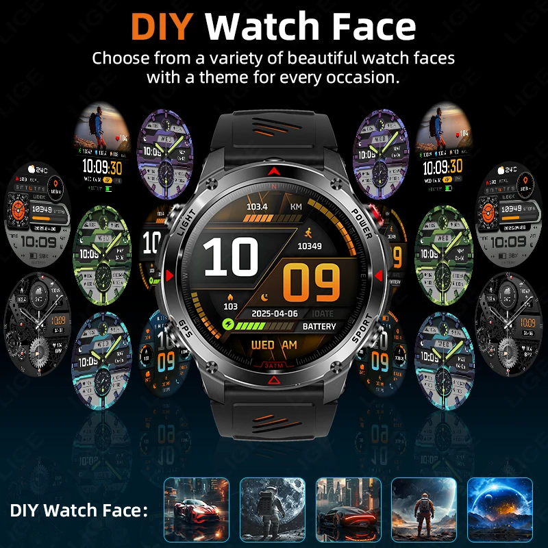 LIGE GPS Sports Smart Watch Men HD Full Touch Screen 500mAh Battery Waterproof Flashlight Compass Bluetooth Call Smartwatch Men