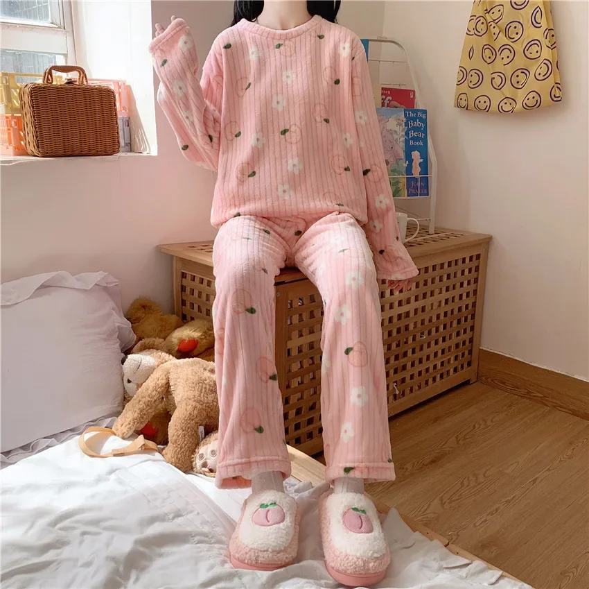 Coral Fleece Bear Print Warm Set Winter Cozy Sleepwear Cute Cartoon Girls Home Outfit Comfortable Loungewear Soft Pajamas