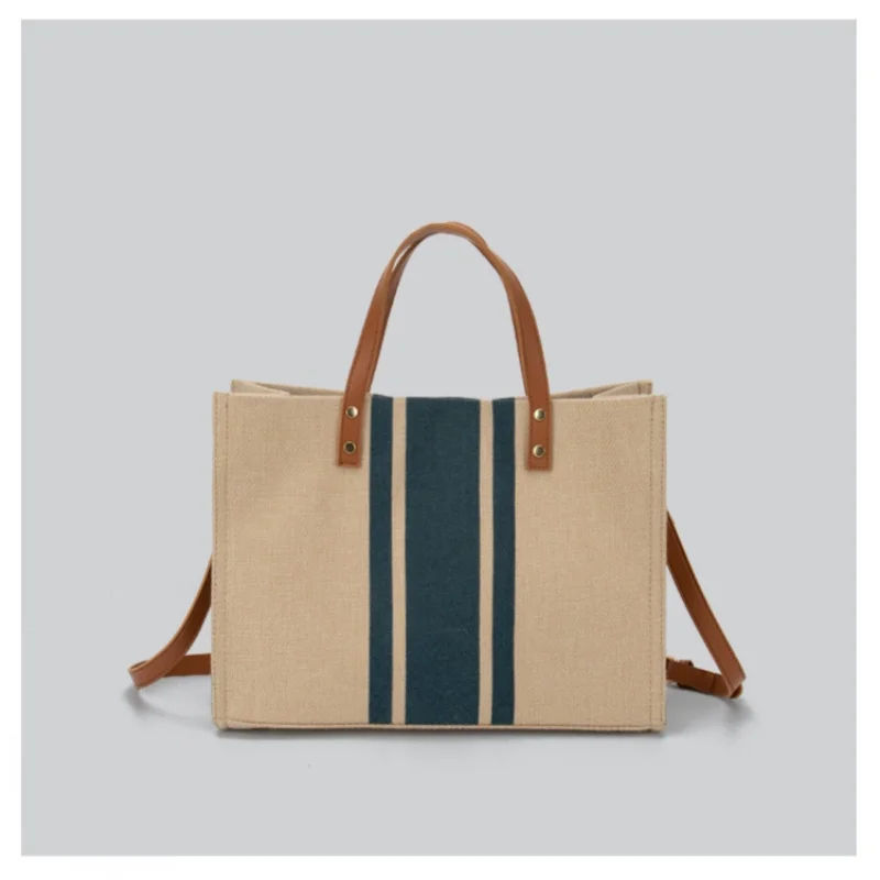 

Korean Version Of The Ladies Handheld Briefcase Striped Simple Shoulder Bag Ins Large Capacity Canvas Bag