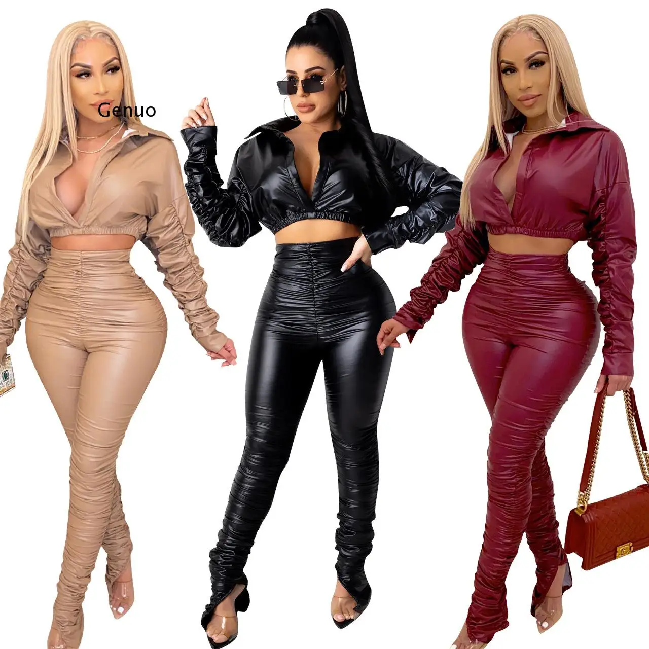 

Spring Women Zipper Design Pu Leather Patch Top & Drawstring Pants 2022 New Femme Tracksuit Set Lady Sporty Jogger Clothing Traf