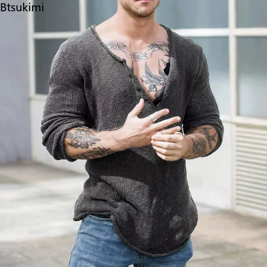 2025 Spring Autumn Mens Casual V-Neck Solid Sweater Fashion