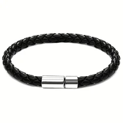 Men's Premium Braided Leather Bracelet with Magnetic Clasp - Vintage Adjustable Wristband - Diameter 6.5cm (Black Single)