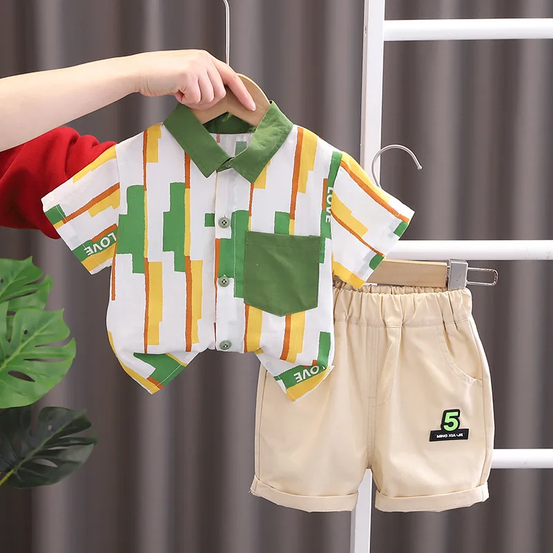 

Toddler Boy Infant Summer Clothes 2023 New Korean Striped Turn-down Collar Shirts and Shorts Tracksuits for Kids Boys Outfit Set