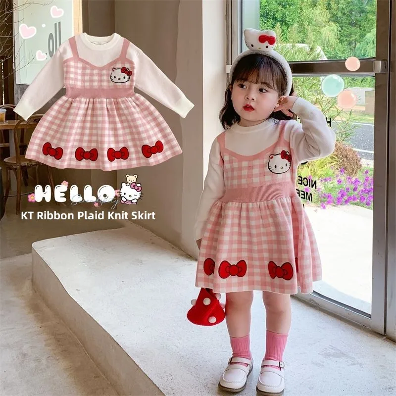 

Kawaii Sanriod аниме хобби Hello Kittys детское платье принцессы осень и зима свитер платье поддельные две штуки платье для девочек