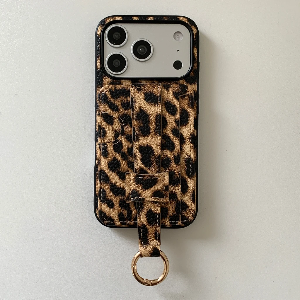 Chic Leopard Print Leather Wristlet Card Holder Phone Case