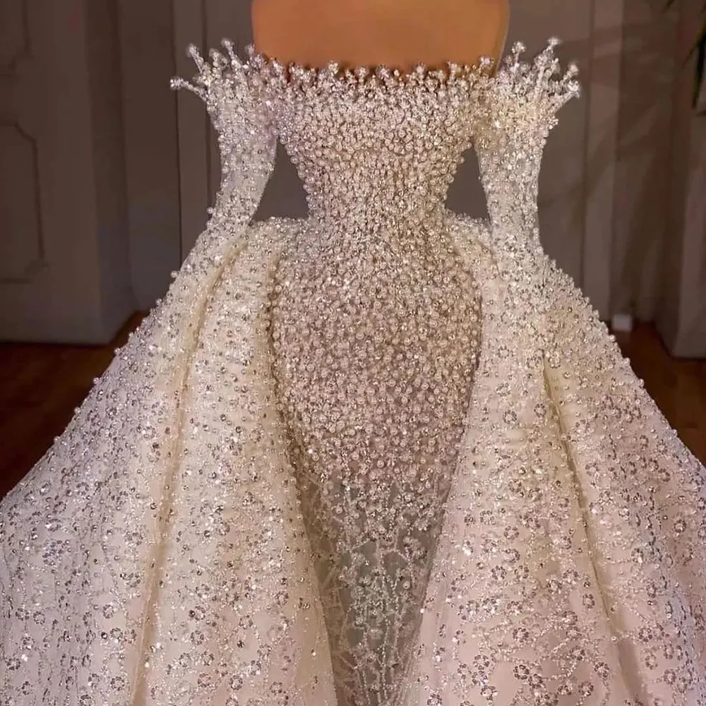 

Luxurious Handmade Pearls Beading Dubai Mermaid Wedding Dresses Detachable Train Crystal Sequined Saudi Arabic Bridal Gowns