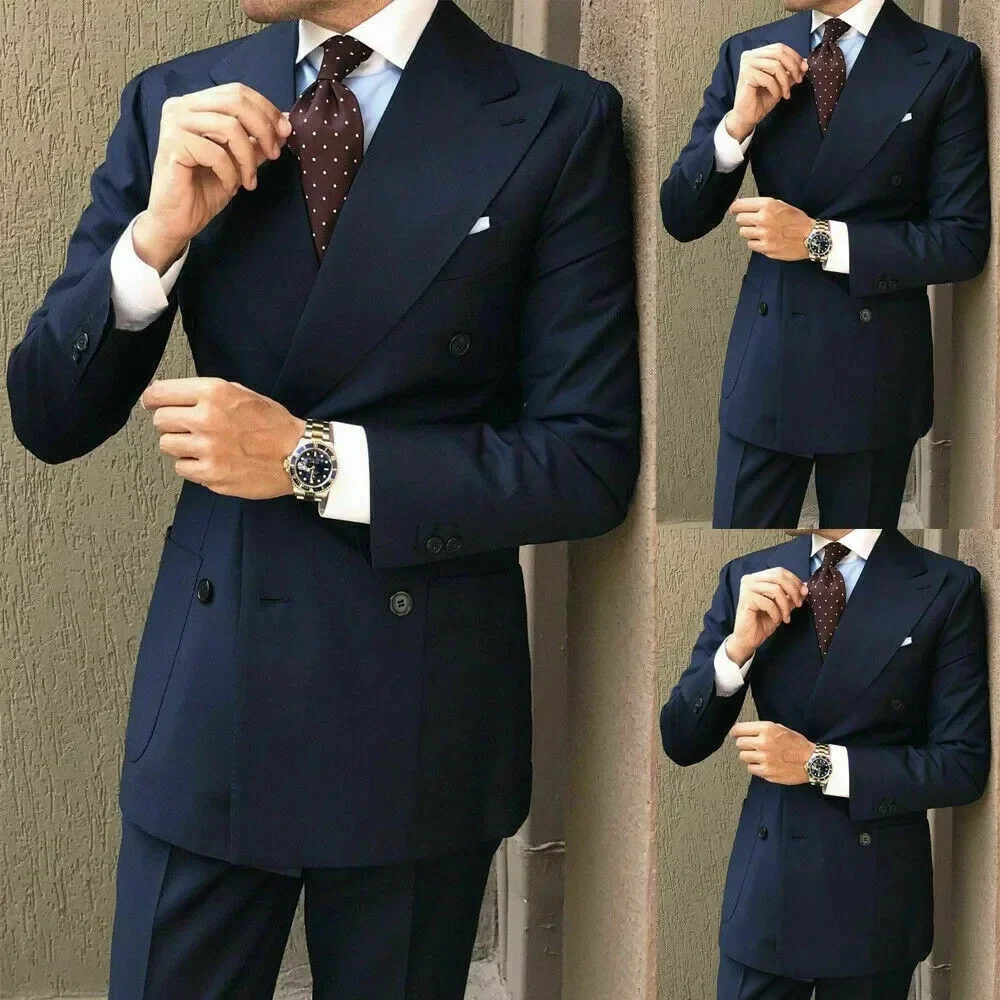 

Latest Groom Tuxedo Men Wedding Suits For Men Navy Blue Blazer Pants Double Breasted Slim Fit Terno Masculino Costume Homme