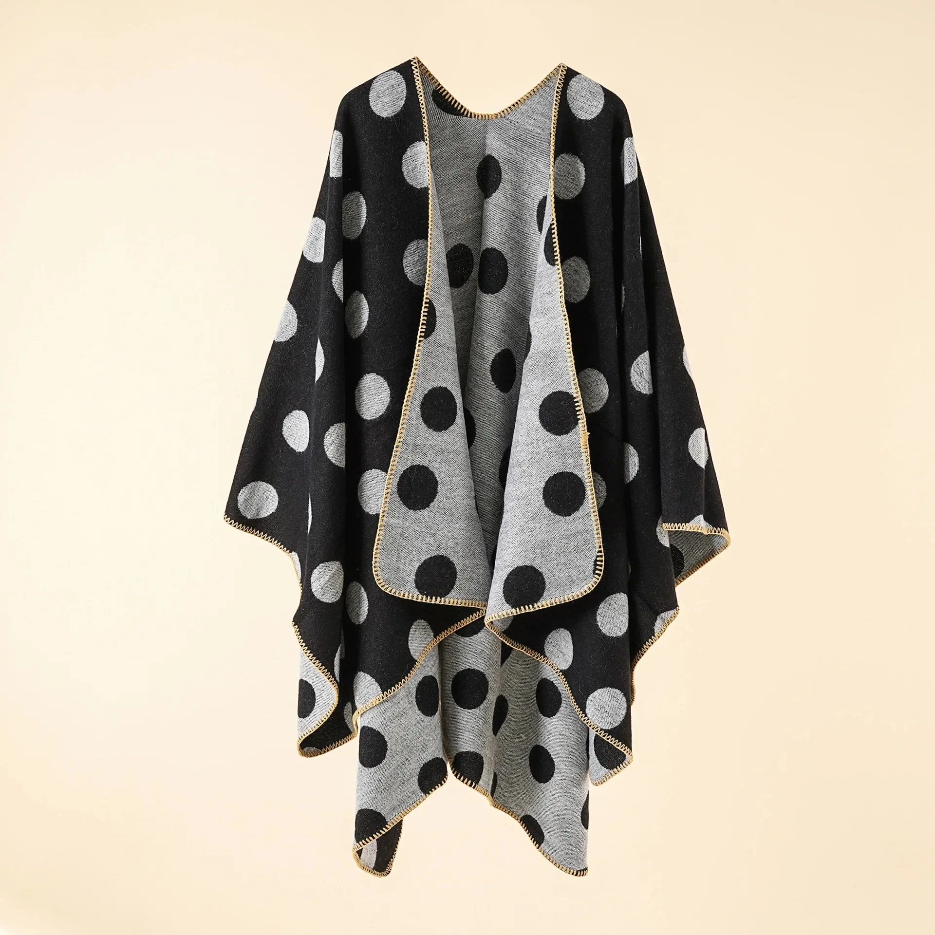 

2024 Autumn Winter New Dot Pattern Cardigan Imitation Cashmere Warm Casual Women Shawl Poncho Capes Lady Coat Gray