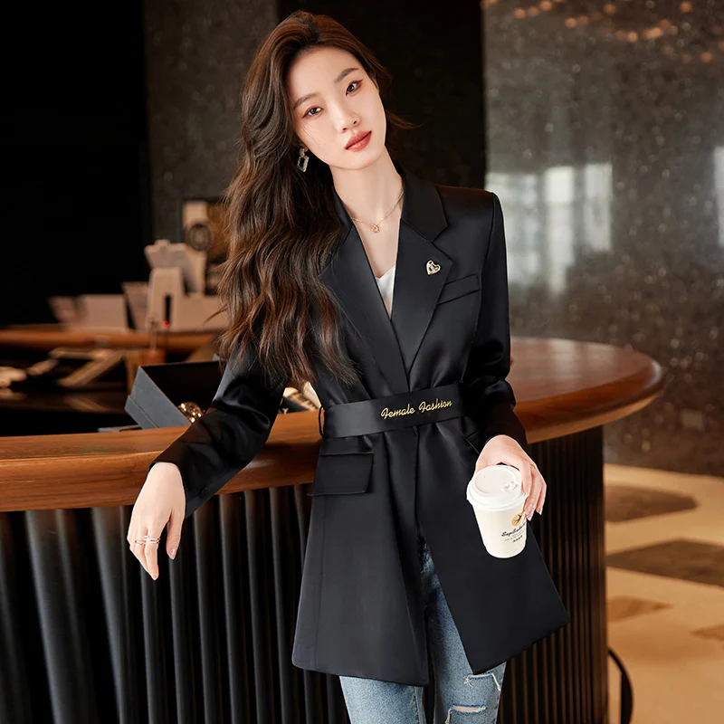 Bright Face Small Suit Coat Women's Spring and Autumn 2023 New High Grade Medium Long Style Temperament Waisted Long Sleeve Suit