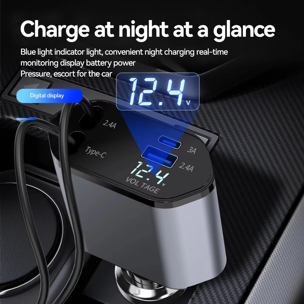 4in1 Car Charger Retractable USB Type C Cable Car Cigarette Lighter Adapter For IPhone 15 16 Pro Max Xiaomi Huawei Samsung