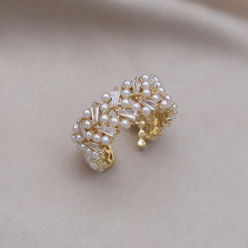 Korean Hot Fashion Jewelry Copper Set Zircon Pearl Ring Elegant Women's Daily Work Opening Adjustable Accessories Silver Ring Silver Rings