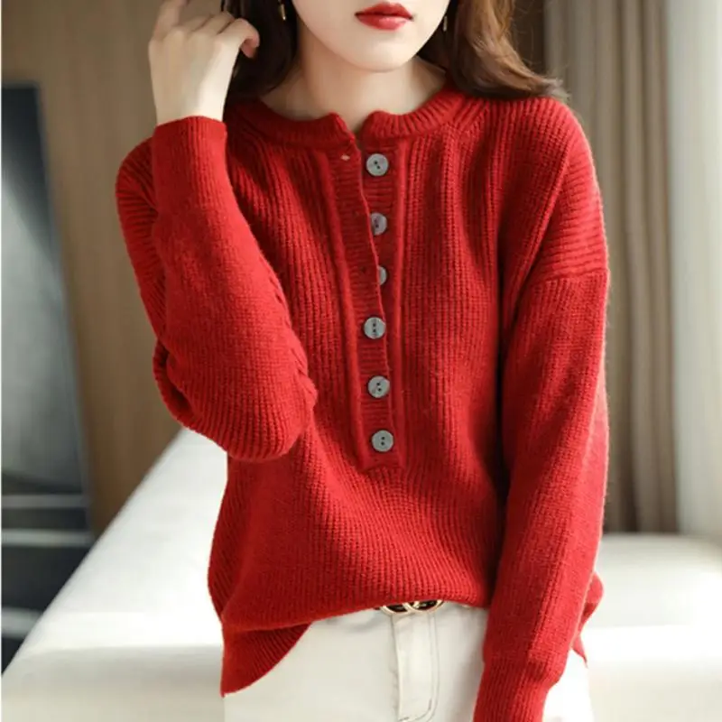 

Retro Half Open Round Neck Pullover Sweater Women's Autumn/Winter Thickened Versatile Warm Knit Loose Korean Bottom Top