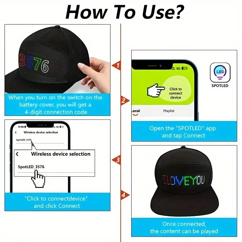 DIY 컨텐츠 발광 블루투스 모자, LED 디스플레이 곡선 장식 원단 모자, 프로그래밍 가능 파티 발광 모자