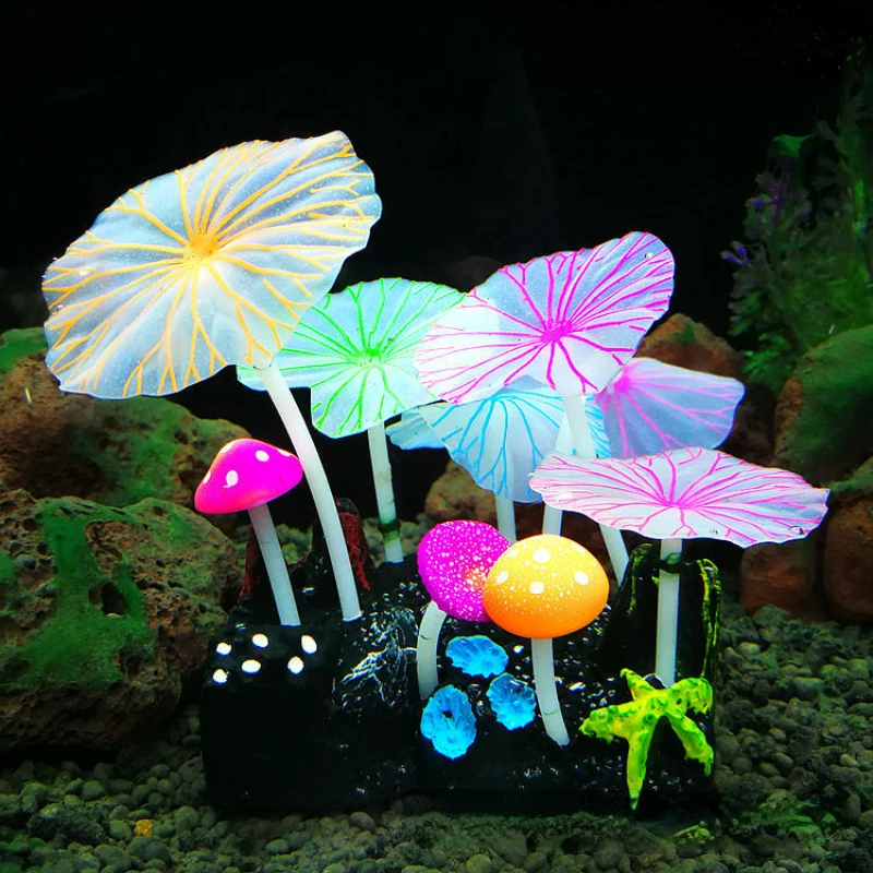 1pcs aquariums color tank landscape decorations luminous simulation aquatic plants mushroom lotus leaves fish tank decorations
