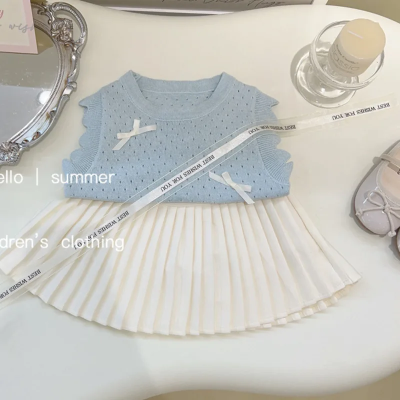 HTSU BABY 여아 캐주얼 조끼, 어린이 의류,  민소매 상의, 니트 할로우 나비매듭 티셔츠,  소녀 탱크, 여름