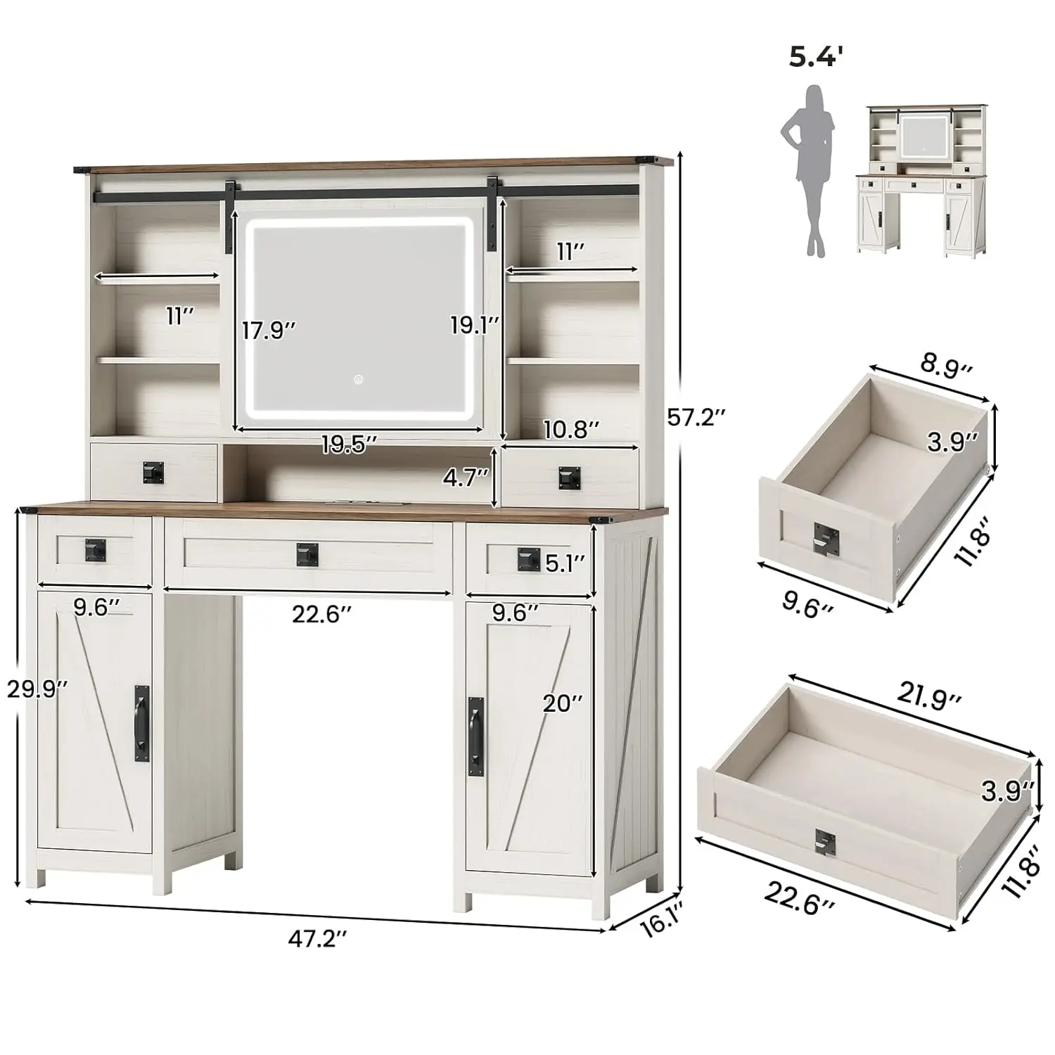 Farmhouse Makeup Vanity Desk – Sliding Mirror with Lights 2