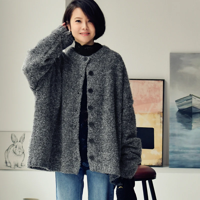 MICOCO W5061C Soft waxy loose round neckline sweater cardigan coat women comfortable all matching temperament simple 3