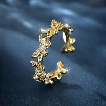Luxury Female Small White Butterfly Adjustable Ring Classic Yellow Gold Color Engagement Wedding Jewelry For Women