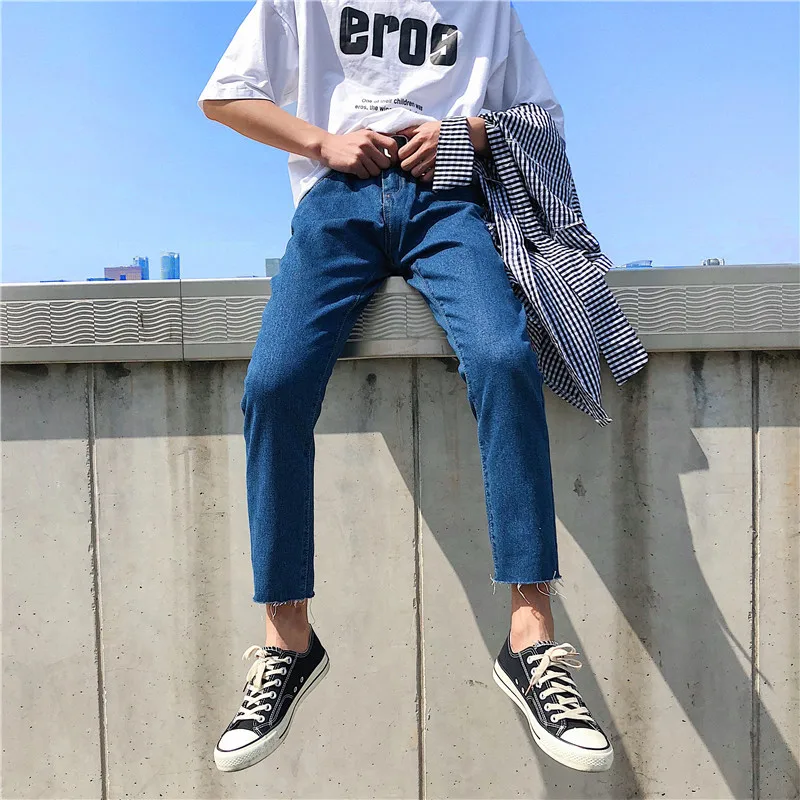 Hong Kong Style 2022 Fashion Casual Trendy Wild Ankle Length Pants Korean Slim Feet Jeans Summer New Casual Harem Pants Men