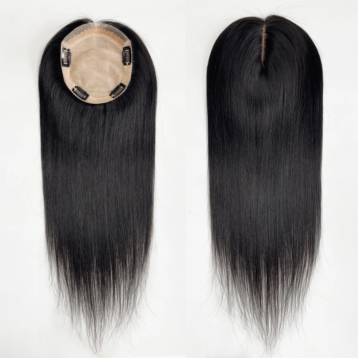 Topper per capelli umani 13x15 cm con clip, base in seta, capelli vergini europei, toupet per donna, pezzi di capelli lunghi e lisci 9x14 cm - immagine 2