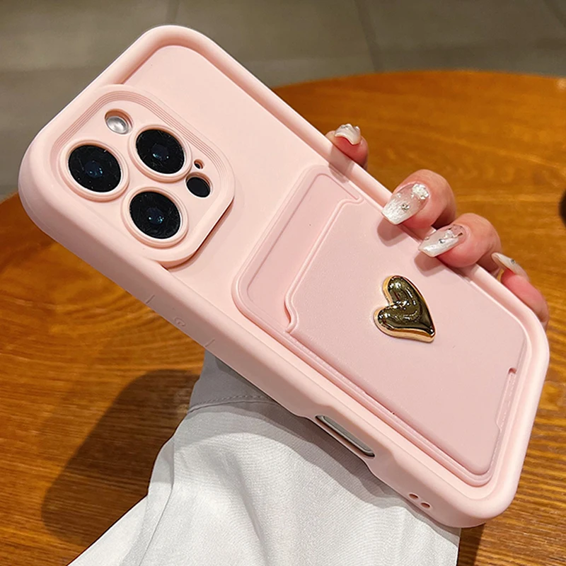 Gold Love Heart 3D Wallet Phone Case with Silicone Soft Cover
