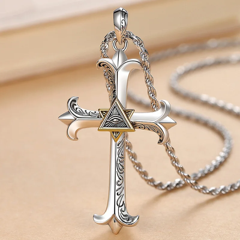 

New 2023 Vintage Silver Color Eye of God Cross Necklace Men Sweater Chain Hip Hop Punk Pendant Banquet Jewelry Accessories Gift