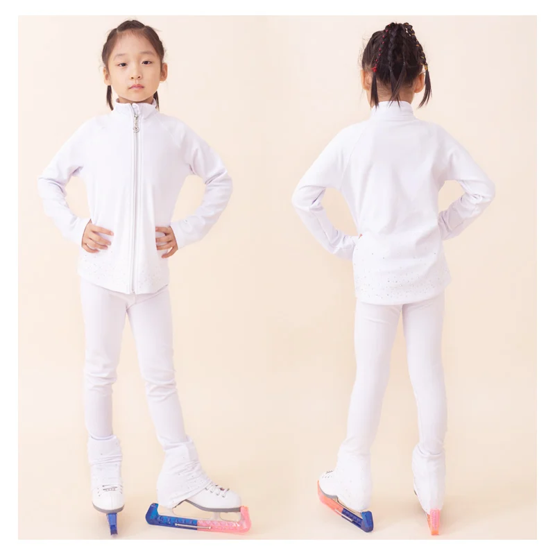 New Ice Figure Skating Jacket Pants Women Girl Trousers Top Black Teens Children Kids Colored Blue Rhinestones Training