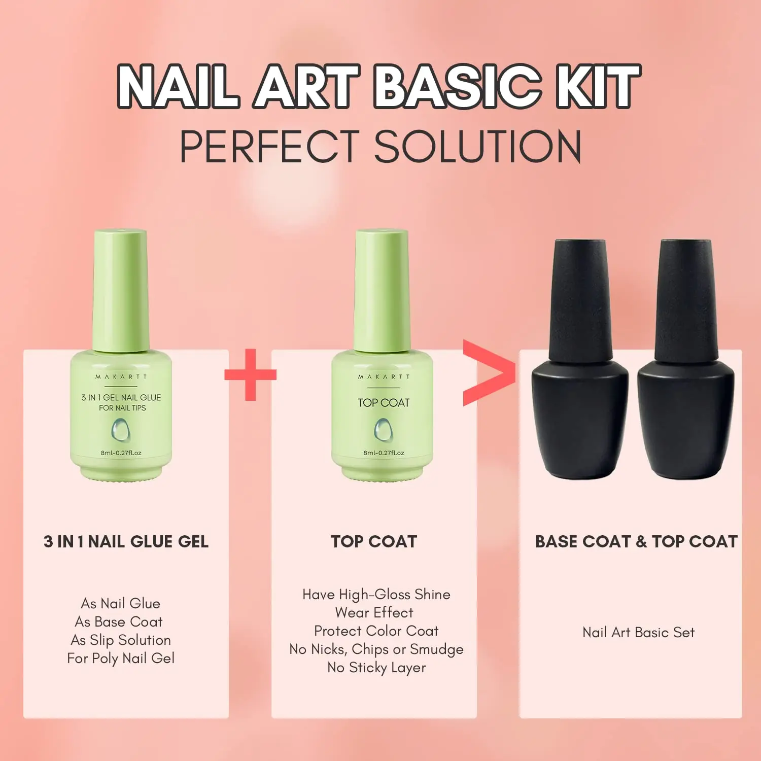 Makartt Nail Glue Gel and Top Coat 3 in 1 Gel Glue Nails Base No-Wipe Top Coat Glossy Shine Curing
