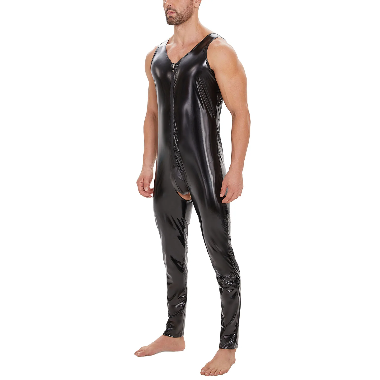 Mens Sexy Open Crotch Leather Jumpsuit Glossy PVC Leather Tank Leotard Zipper Open Breast Latex Bodysuit Crotchless