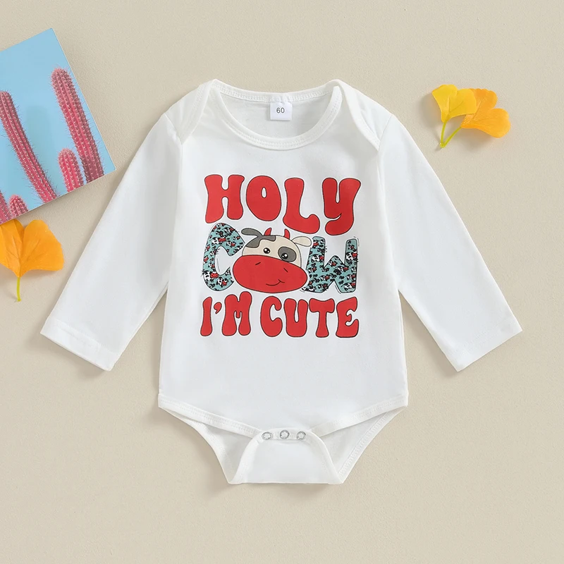 

Newborn Baby Cotton Romper Toddler Girls Boys Long Sleeve Crew Neck Letters Cow Print Fall Bodysuit Clothes For 0-18Months