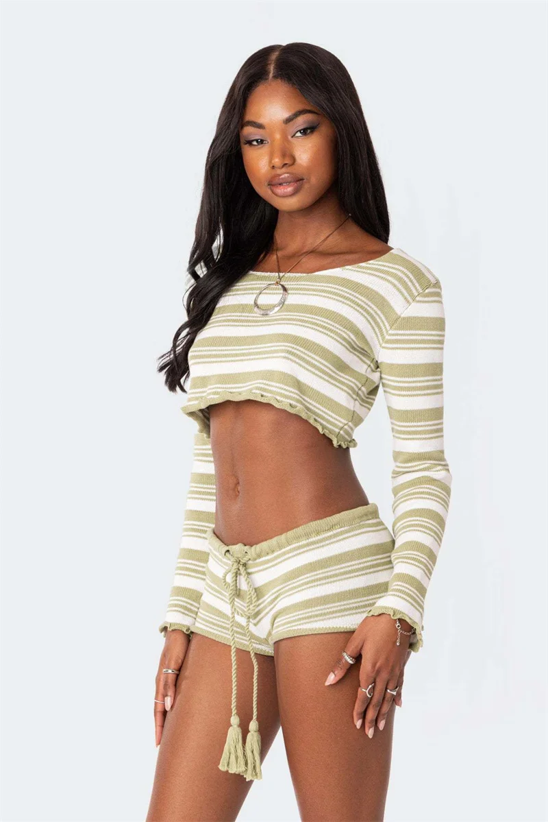 

Полосатый вязаный бикини накидка 2024 пикантный укороченный топ с длинным рукавом Шорты нижняя одежда для плавания женский купальник Бразильский пляжный купальник