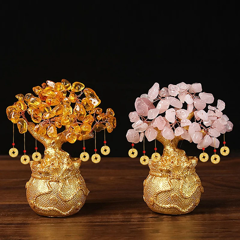Lucky Tree Wealth Yellow Crystal Tree Natural Money Tree Ornaments Bonsai Style Wealth Luck Feng Shui Ornaments Craft